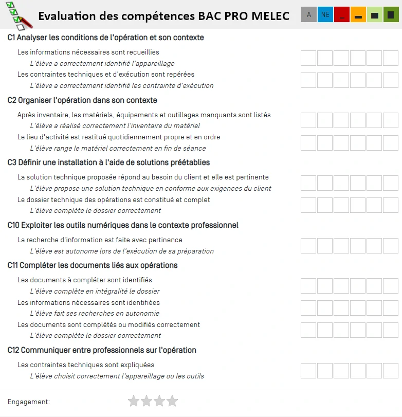 Grille d'évaluation des compétences sous Cpro pour la classe de première BAC PRO MELEC