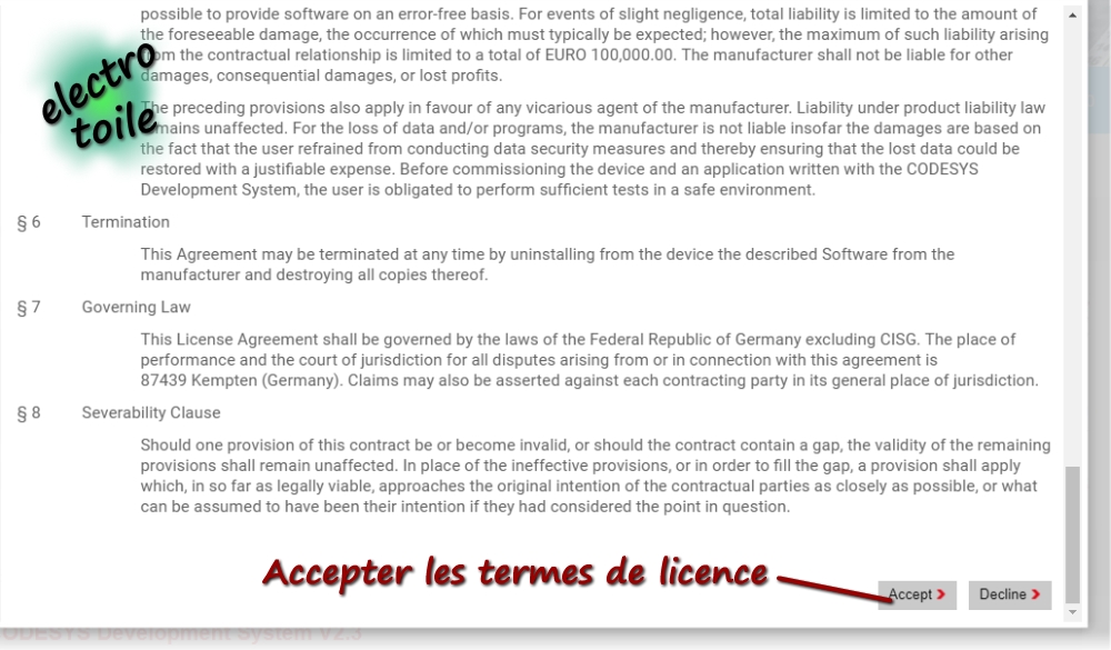 Accepter les accords de licence Codesys v2.3