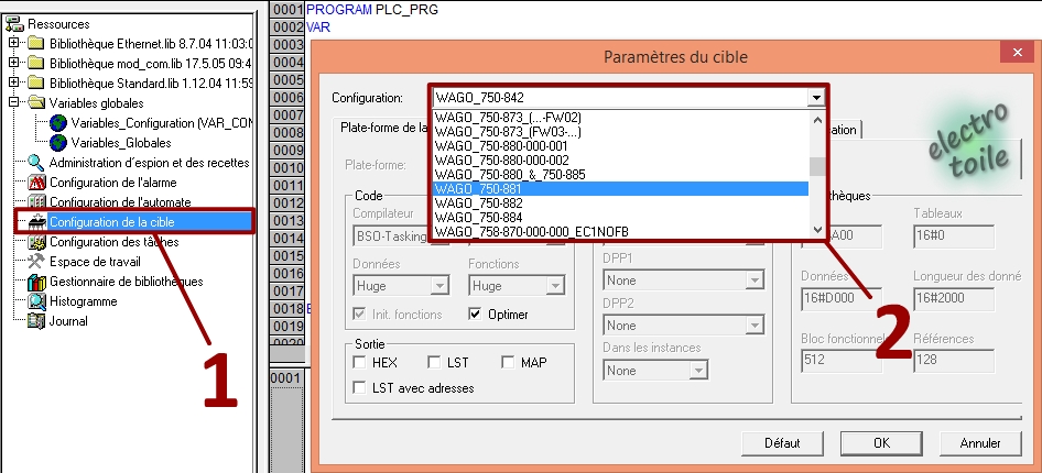 Paramètre de la cible Wago et target PLC sous Codesys v2.3