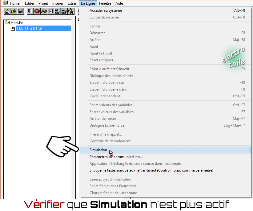 désactivation du mode simulation dans le logiciel Codesys