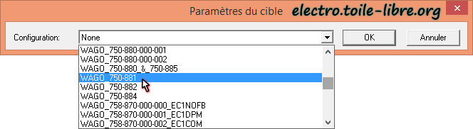choisir la référence de l'automate Wago target ou cible automate