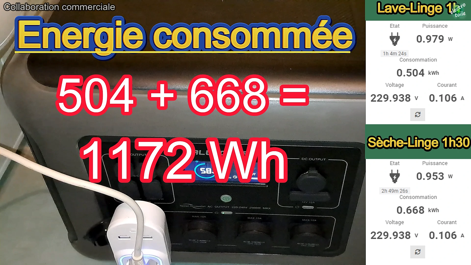 consommation lave-linge sèche linge sur station d'énergie R2500 allpowers