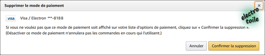 Confirmer suppression du moyen de Paiement par carte bleu sur Amazon