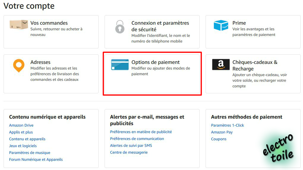 Gestion moyen de paiement sur Amazon