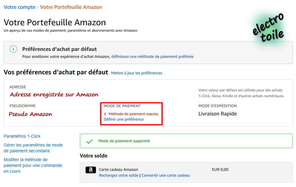 Portefeuille Amazon sans carte bancaire