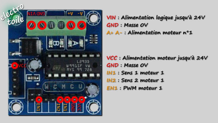 Repérage des bornes utilisées sur le L293D pour inverser la rotation moteur DC