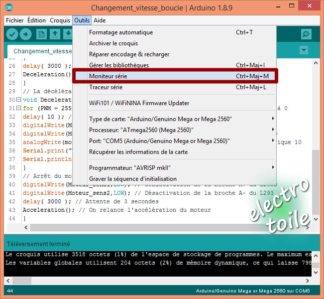 Programme varier la vitesse moteur courant continu sous Arduino IDE