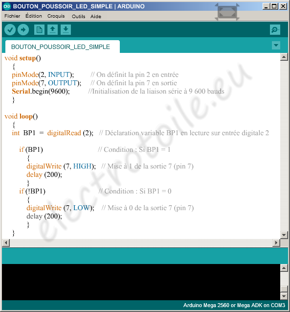 Impression d'écran du logiciel Arduino et du programme qui permet d'allumer ou d'éteindre une LED à partir d'un bouton poussoir