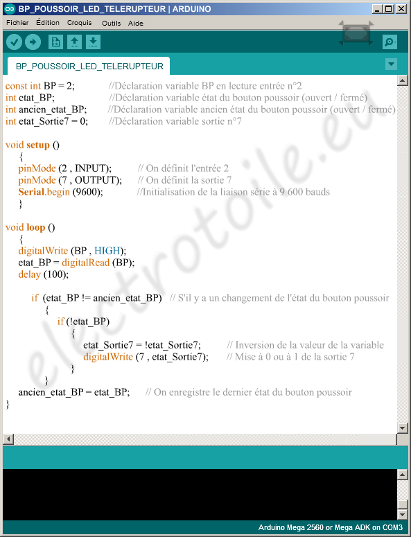 Impression d'écran du logiciel Arduino et du sketch qui permet de réaliser un télérupteur