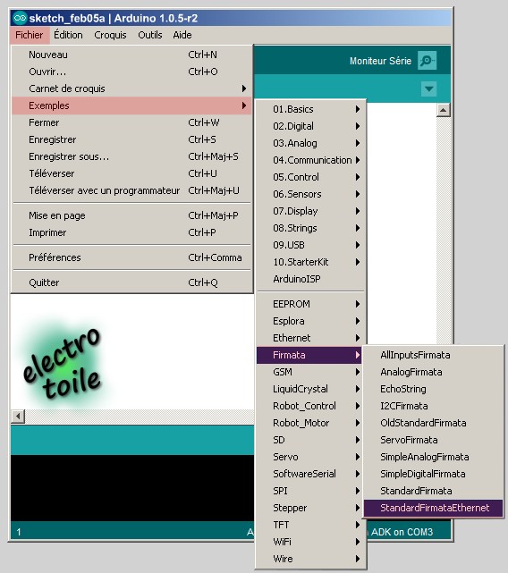 Méthode pour envoyer le fichier StandardFirmataEthernet dans l'arduino