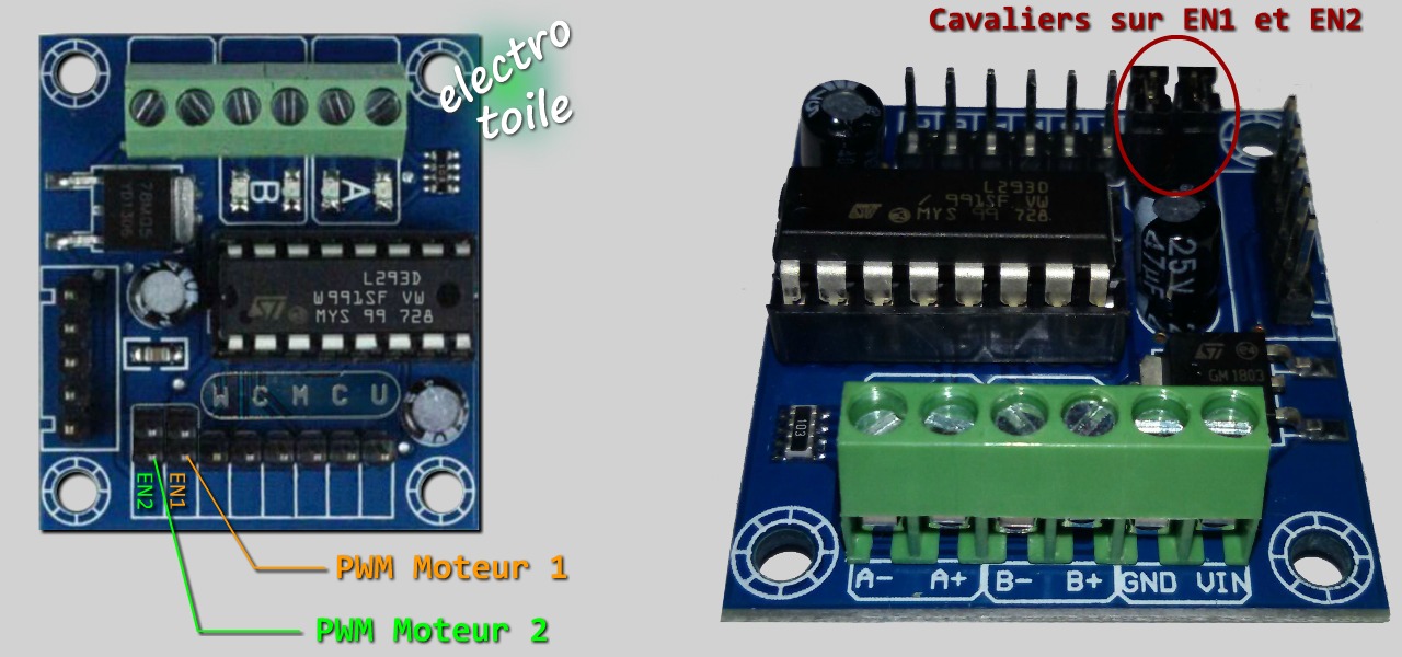 identification des entrées EN1 et EN2 pour la variation de vitesse PWM et des shunts à enlever pour activer la modificaiton de la vitesse