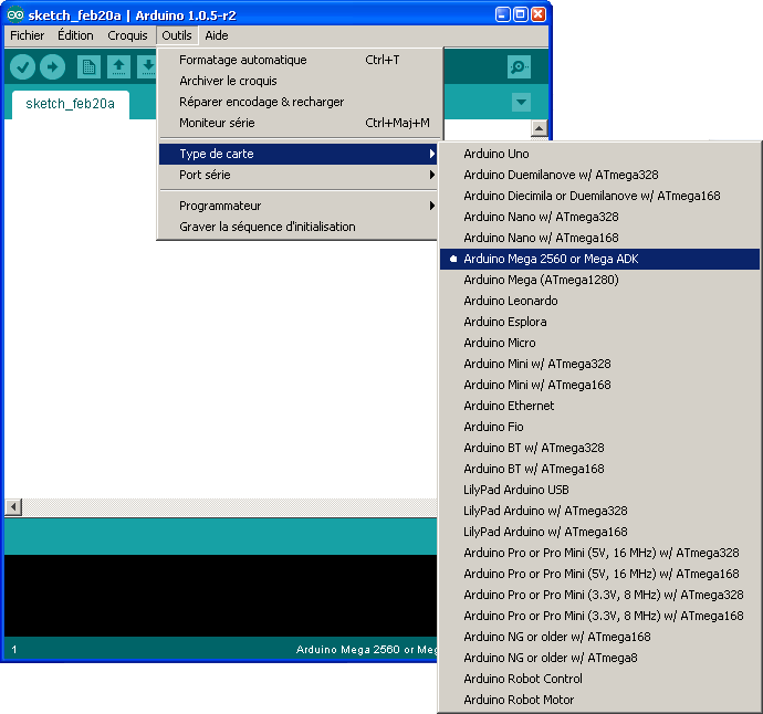 choix de la carte à programmer dans le logiciel arduino