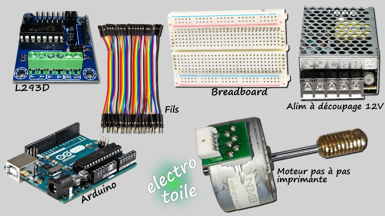 équipement nécessaire pour réaliser le tutoriel sur le moteur pas à pas unipolaire