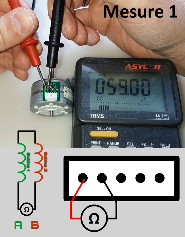 Mesure à l'ohmmètre pour identifier les phases du moteur pas à pas unipolaire