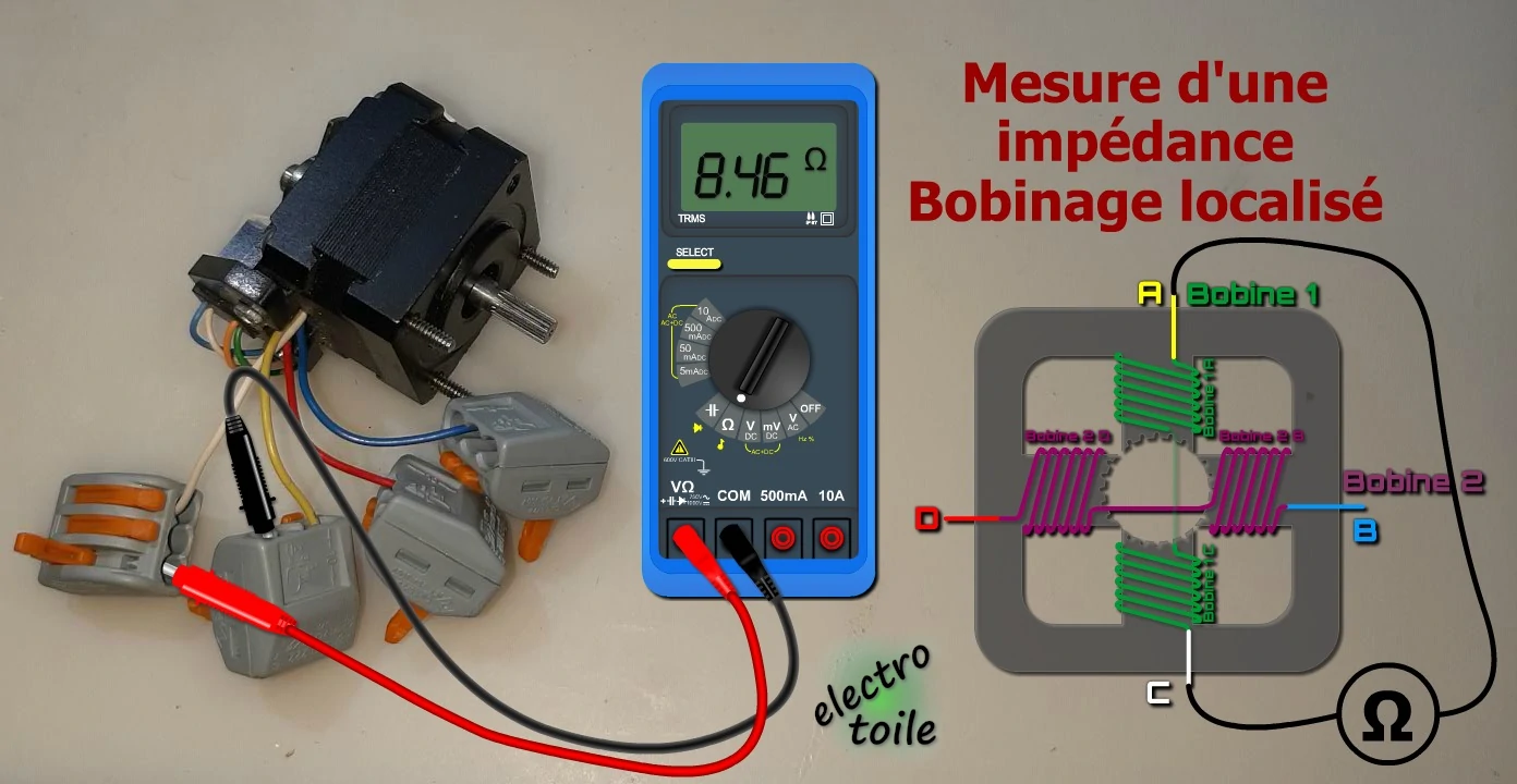 mesure au multimètre pour localiser les bobines du moteur pas à pas bipolaire