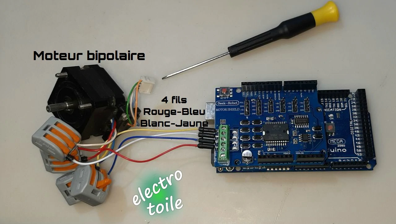 câblage d'un moteur pas à pas bipolaire 4 fils sur le motor Shield
