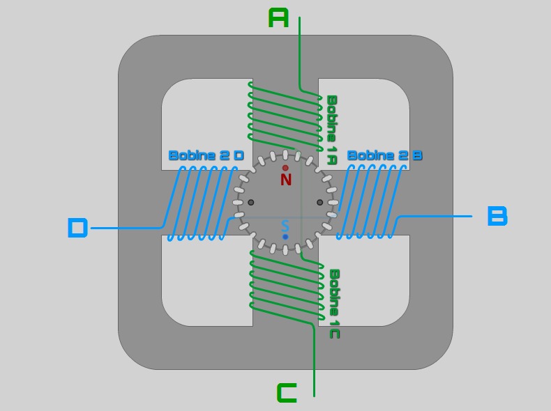 Vue schématisé en coupe d'un moteur pas-à-pas bipolaire