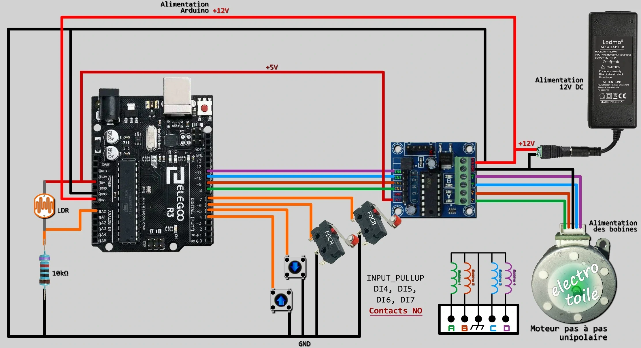 Schéma électrique détection luminosité LDR et capteur de position de la porte du poulailler