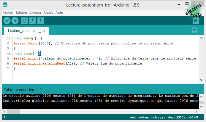 Programme Arduino pour réaliser la lecture d'une entrée analogique A0 et l'affichage sur le moniteur série
