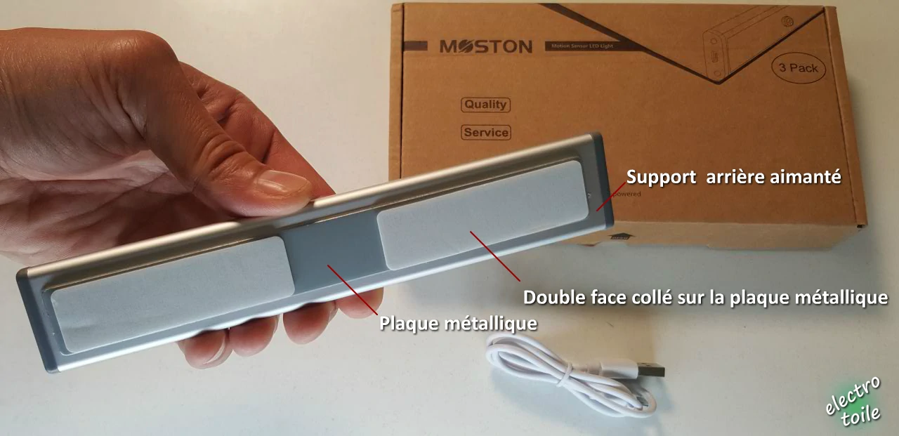 le double face collé sur la plaque métallique permet de fixer la lampe LED sur n'importe quel support