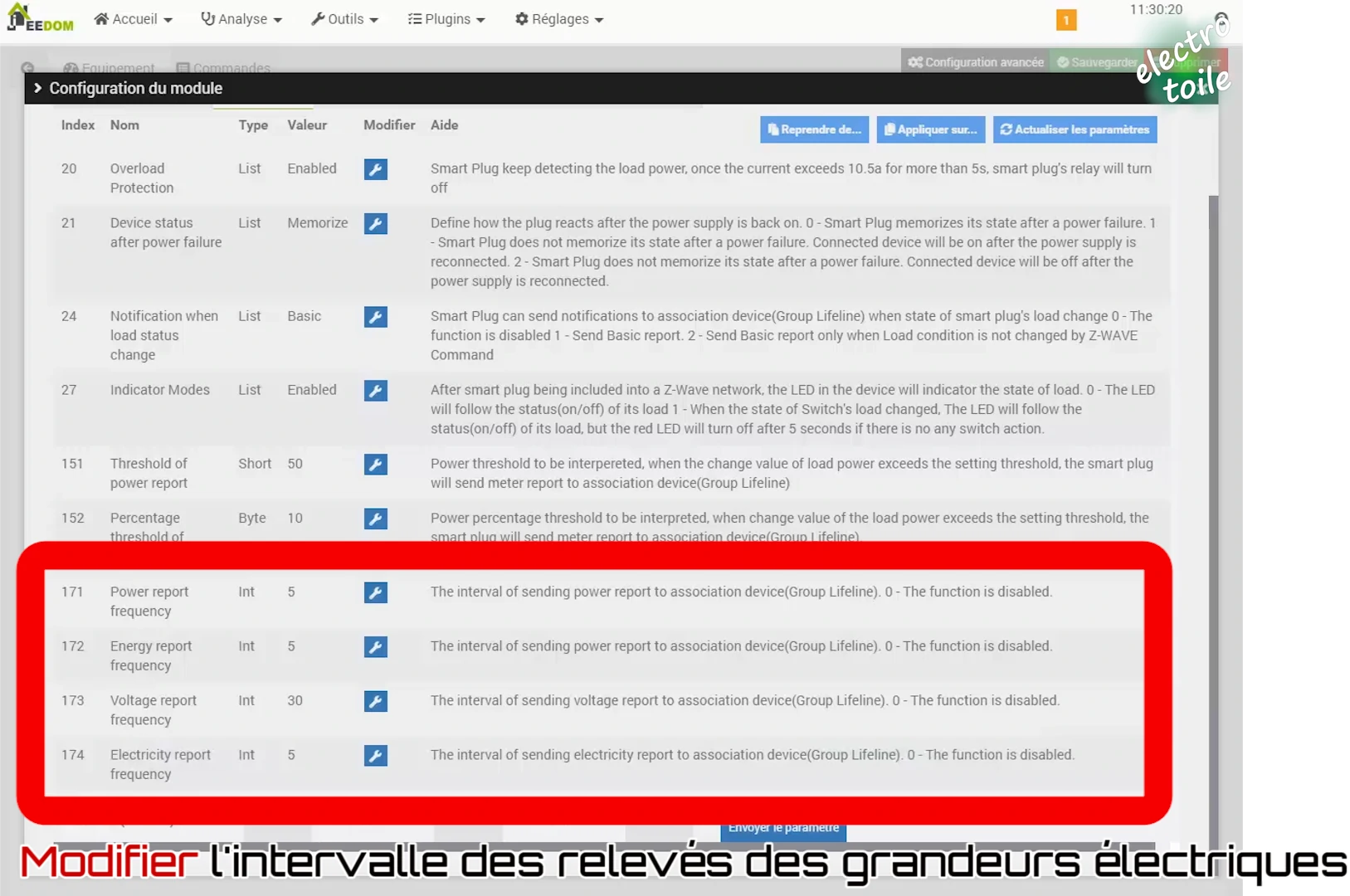 modification des paramètres de la prise Z-Wave pour mesurer toutes les grandeurs électriques