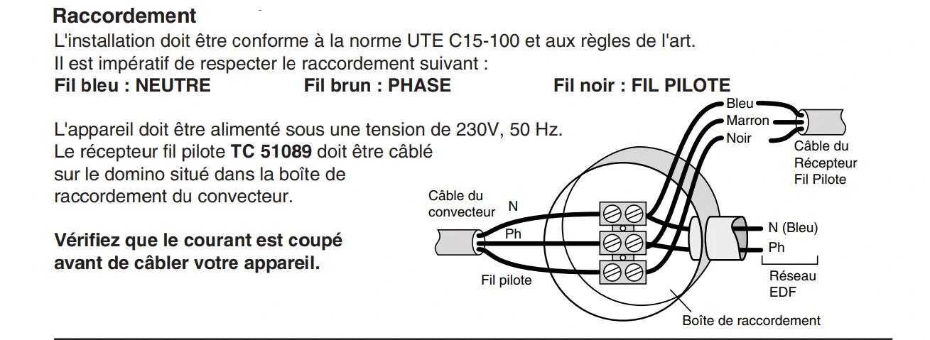 schema de raccordement du module récepteur TC51089 au radiateur électrique