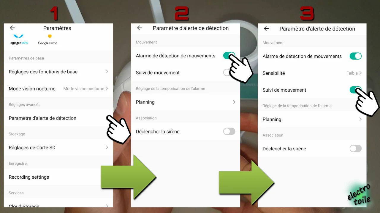 réglage du mode détection de mouvement mode sécurité de la caméra