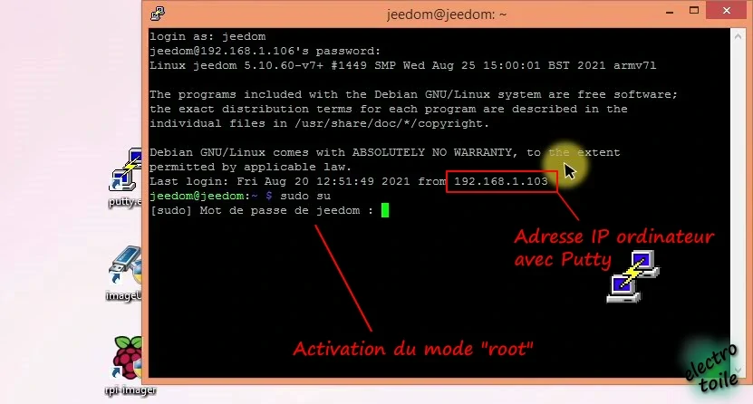 se connecter en root sur la raspberry pi avec le logiciel Putty en ligne de commande