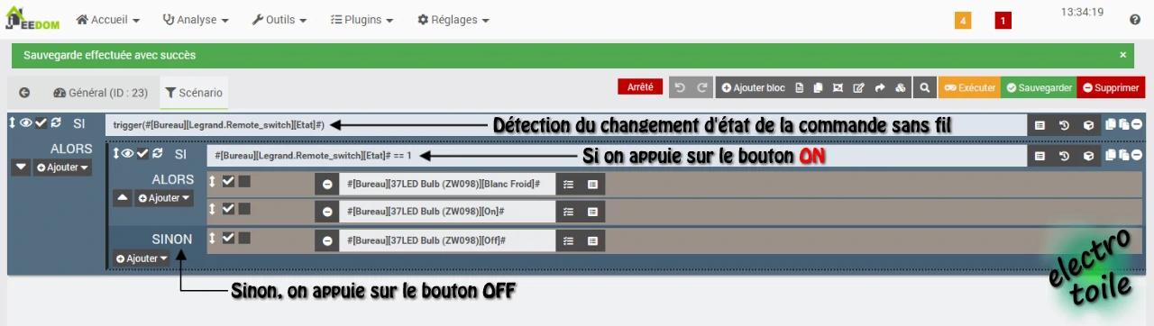 scenario d'éclairage sous jeedom avec commande sans fil netatmo et éclairage communicant bulb led