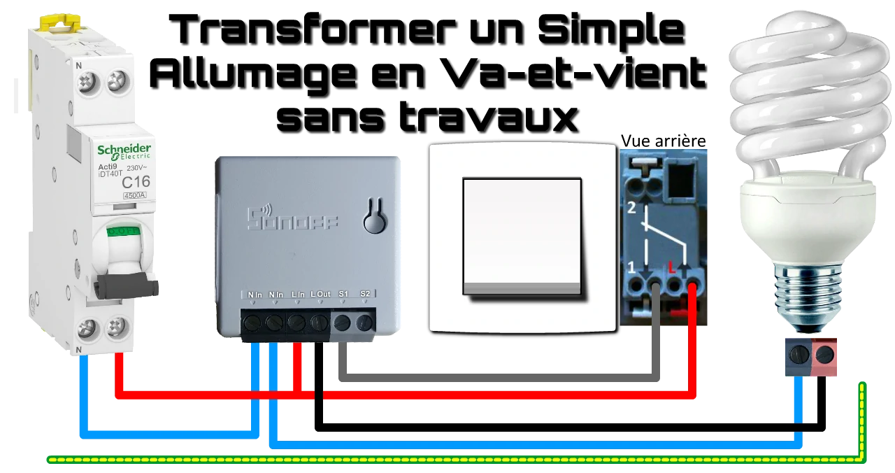 schéma de raccordement pour transformer un simple allumage en va-et-vient avec les micromodules Sonoff
