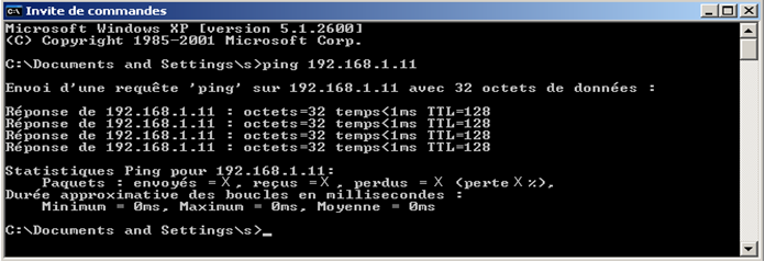 A l'aide de la commande MS-DOS (invité de commande) on vérifie le fonctionnement du réseau et donc la communication entre nos postes communicants à l'aide de la commande ping+adresse IP MS-DOS, Invité de commande pour tester la communication avec un autre poste à l'aide de la commande ping