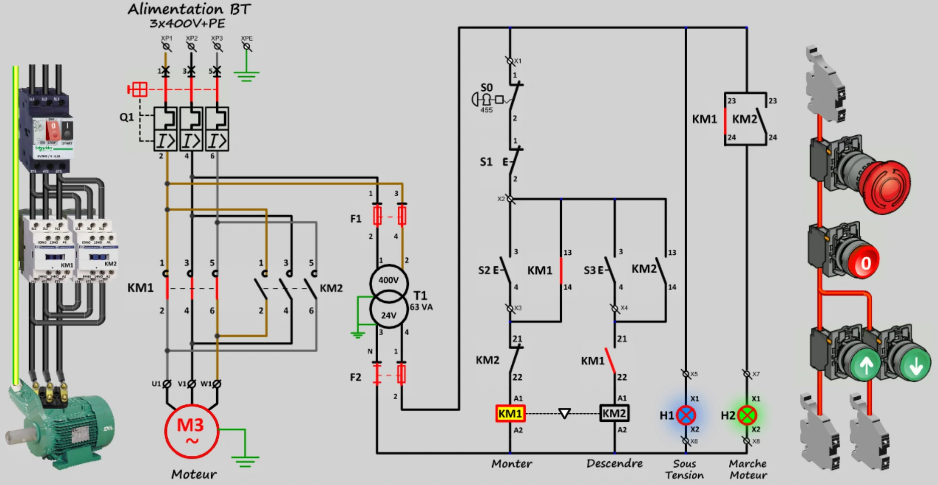 Principe de fonctionnement du démarrage direct double sens de rotation d'un moteur asynchrone triphasé