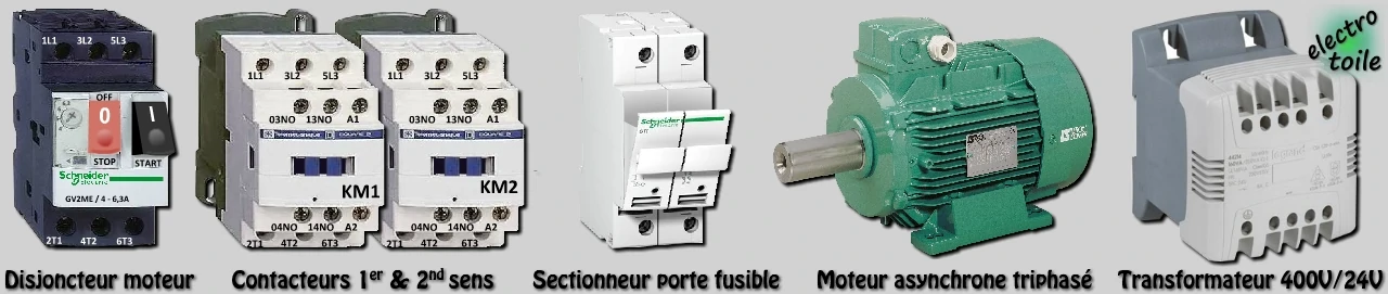 matériel présent sur le schéma de puissance du démararge direct double sens de marche
