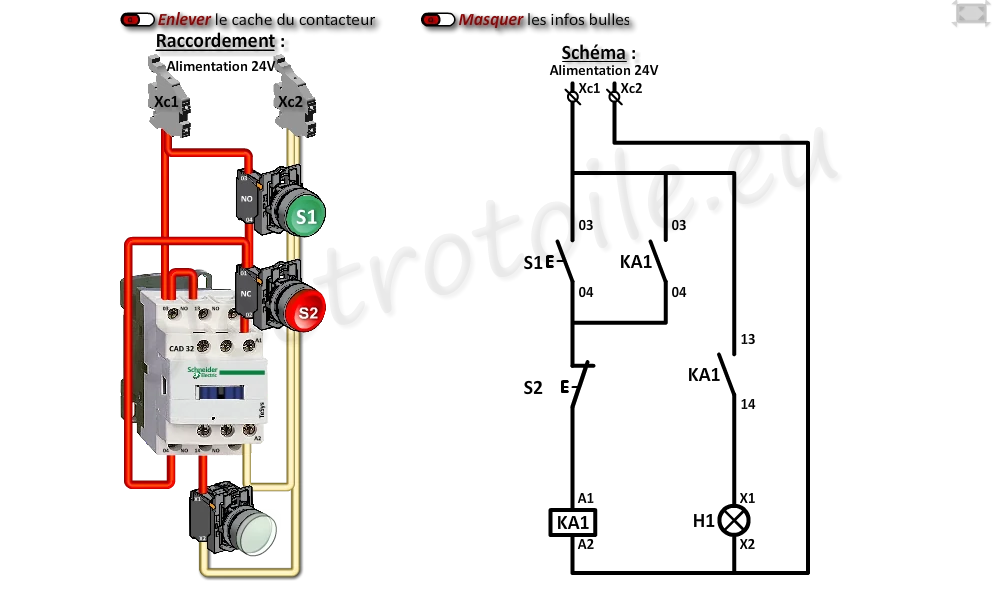 schéma de raccordement d'un contacteur auxiliaire avec automaintien, utilisation de deux contacts NO