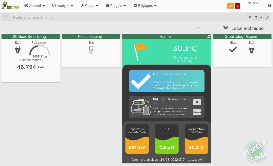 vue des mesures de la sonde EcO iopool sur le dashboard de Jeedom