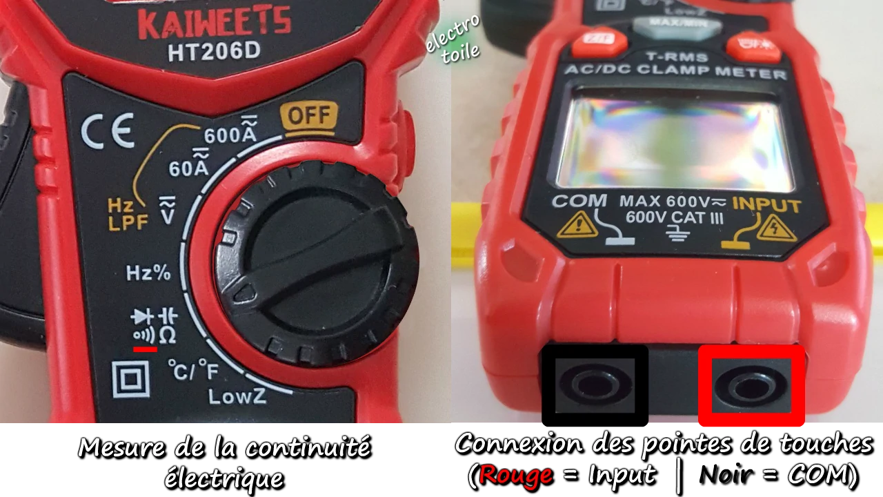 calibre de la pince ampèremétrique pour contrôler la continuité électrique