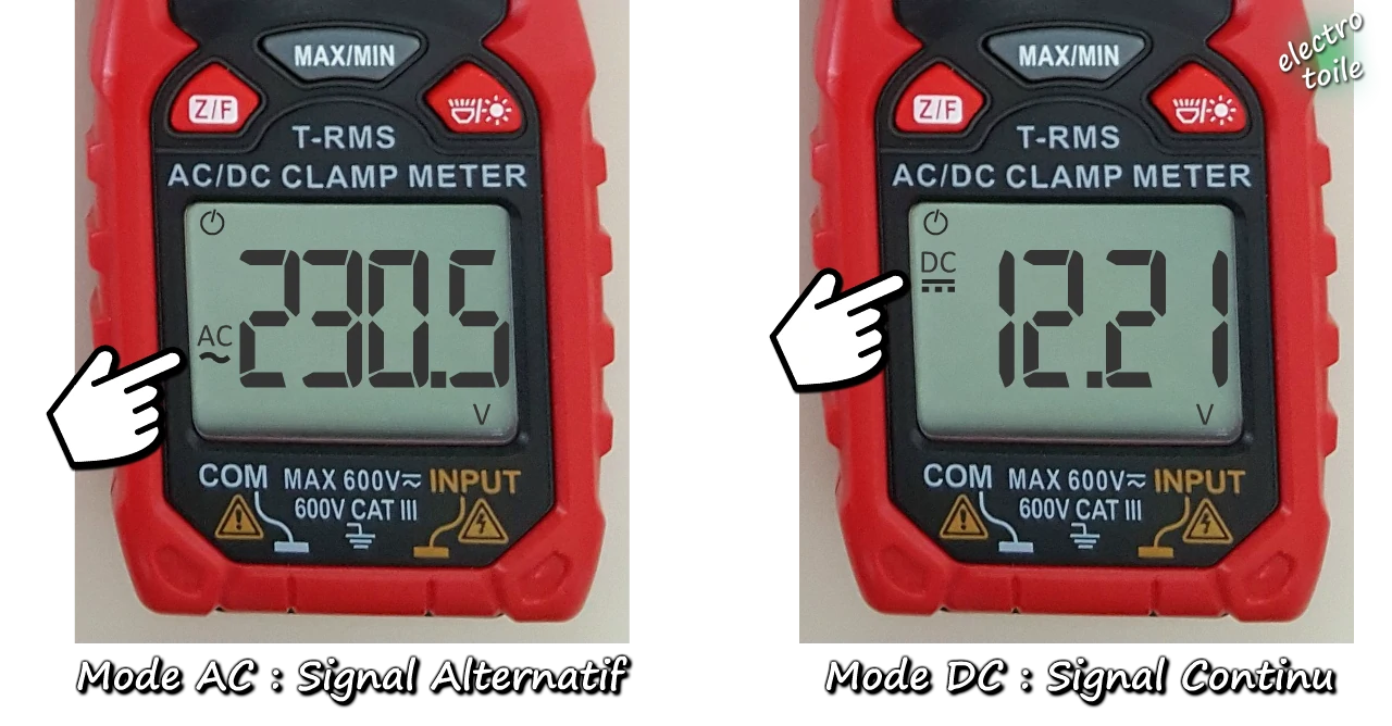 choisir le mode AC ou DC pour la mesure de la tension