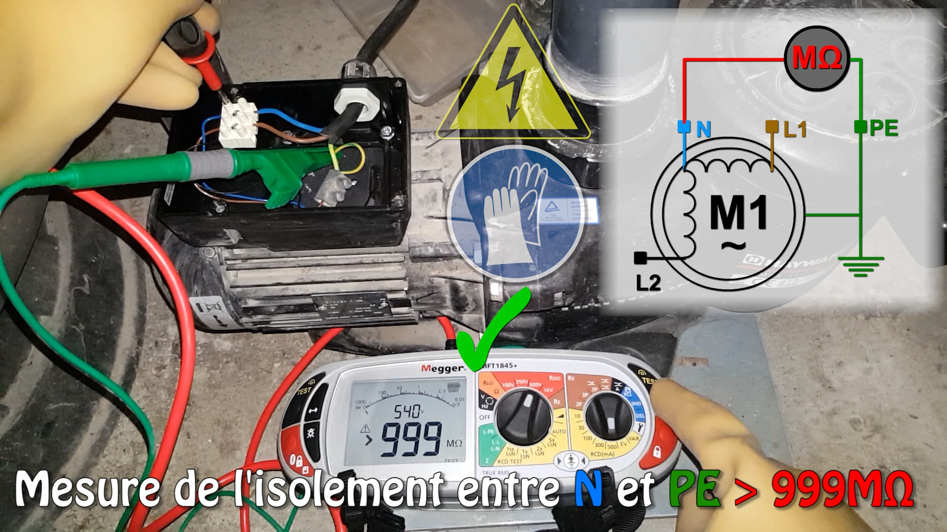 vérification de l'isolement du moteur entre Neutre et PE