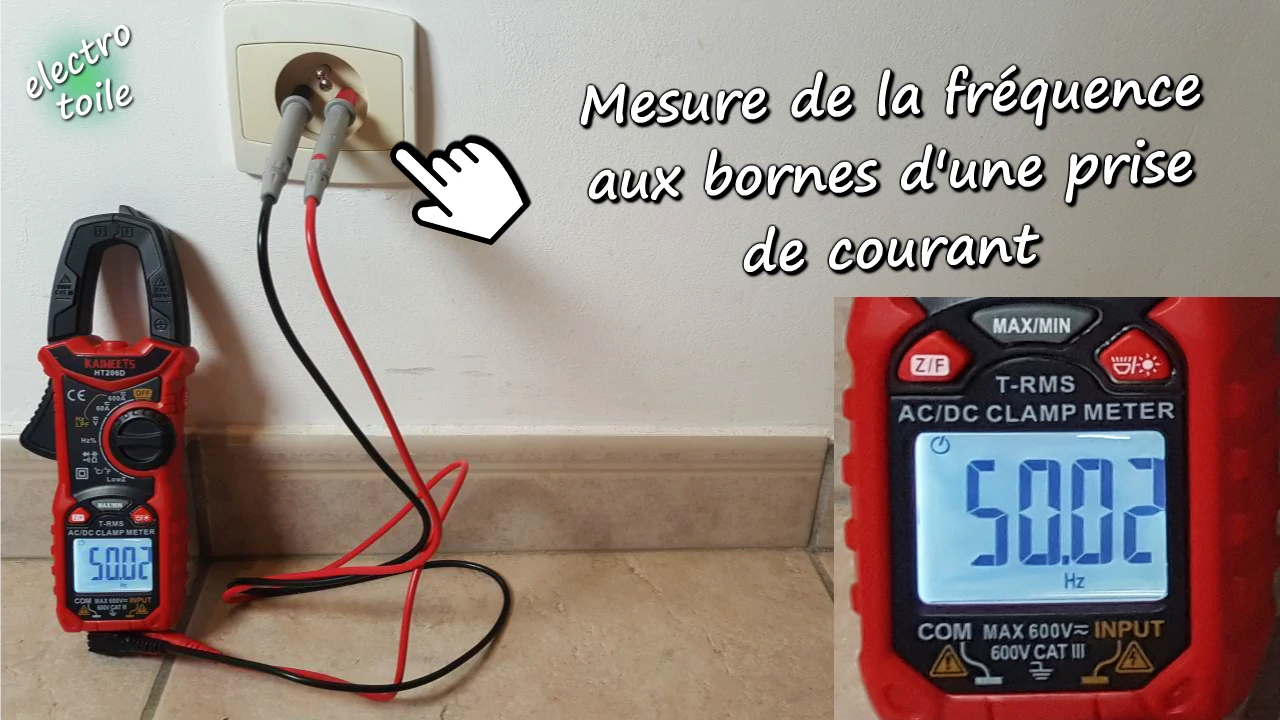 Mesure de la fréquence électrique avec une pince multifonction entre phase et neutre sur une prise de courant