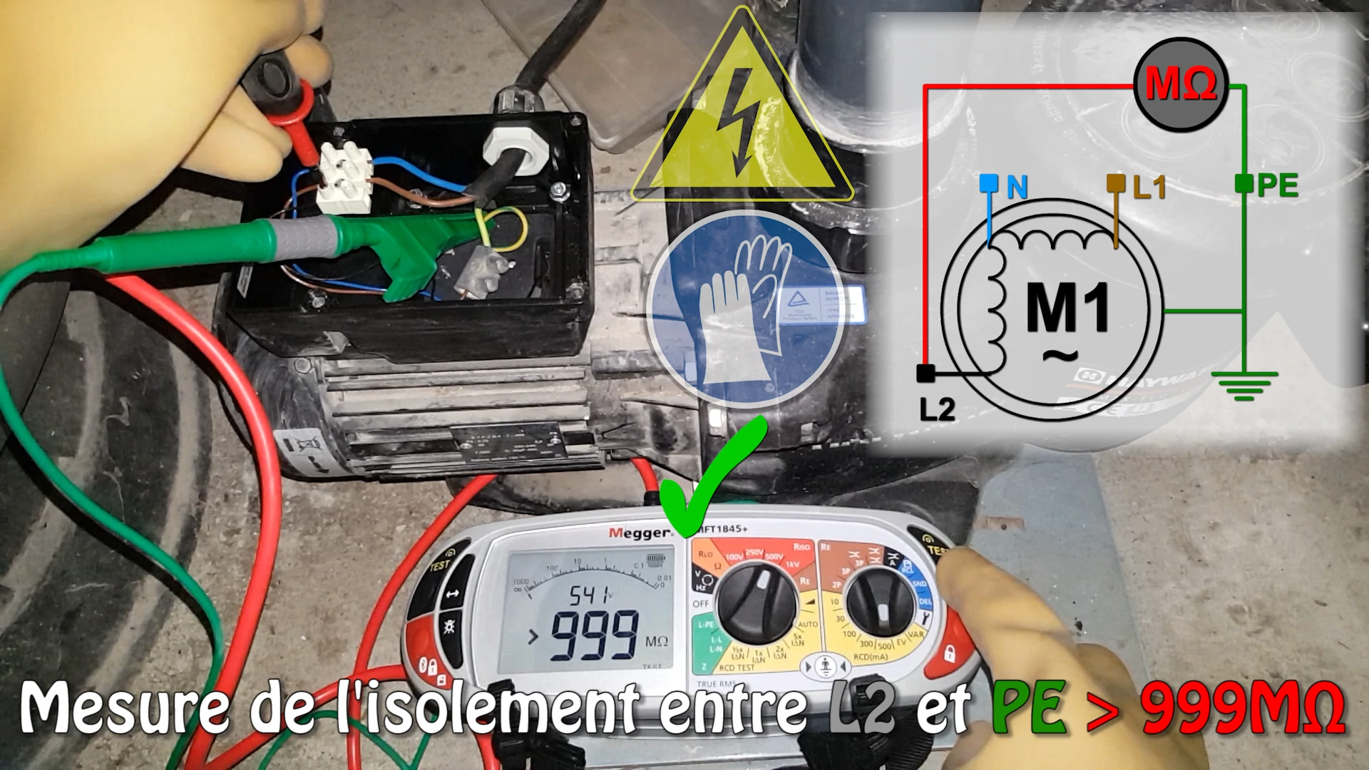 vérification de l'isolement du moteur entre phase et PE