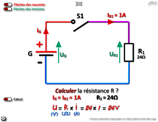 Montage électrique comprenant un générateur 24V un interrupteur et une résistance 24Ω