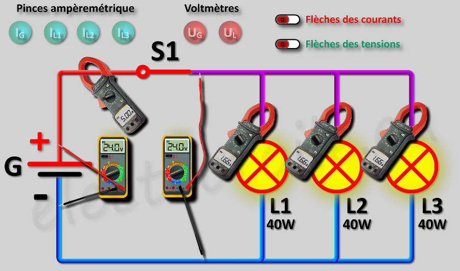Montage de 3 lampes en dérivations ou parallèles mesure tension et courant.