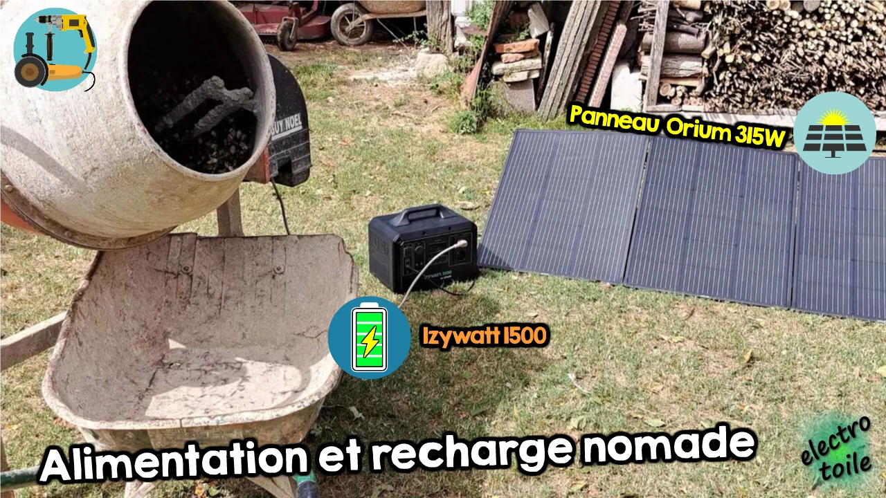 alimenter une bétonnière avec la station izywatt 1500 et la panneau solaire orium