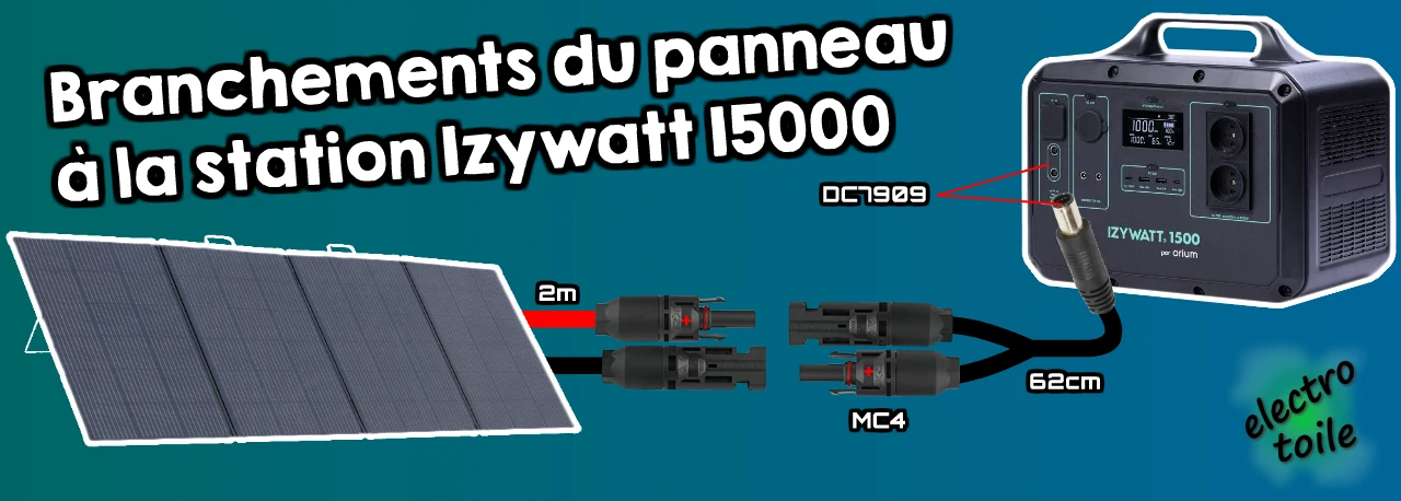 câblage du panneau solaire et de la station d'énergie izywatt 1500