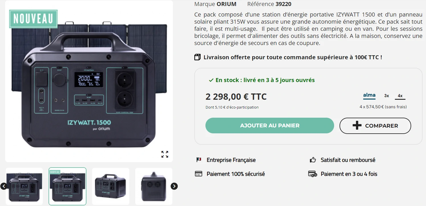 Pack panneau solaire pliable 315Wc et station d'énergie Izywatt 1500