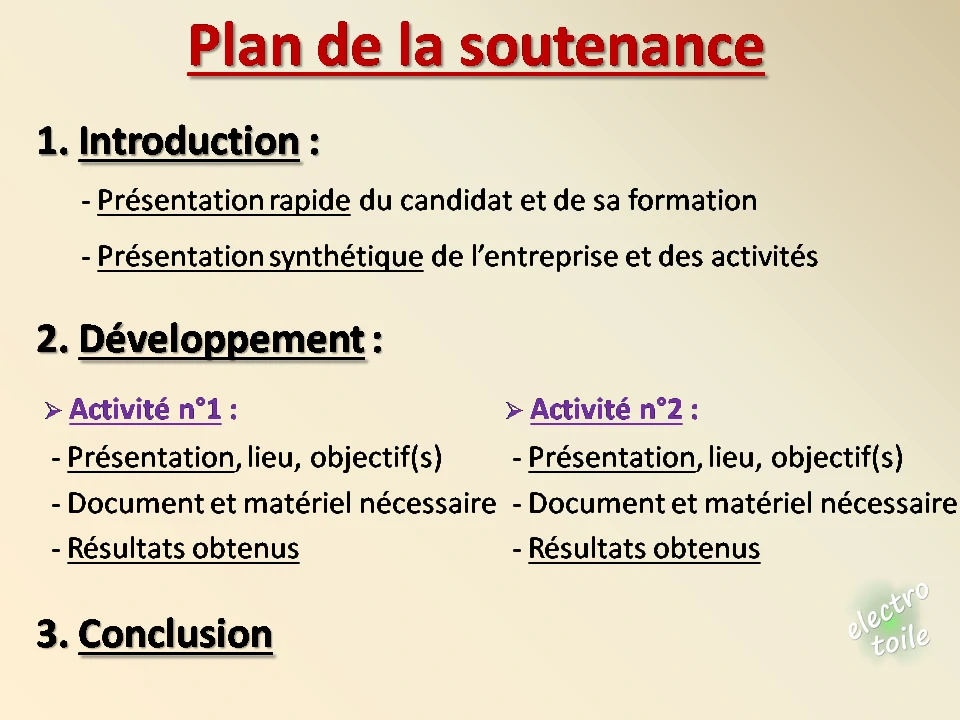 Plan de la soutenance à l'oral du stage en entreprise (PFMP)