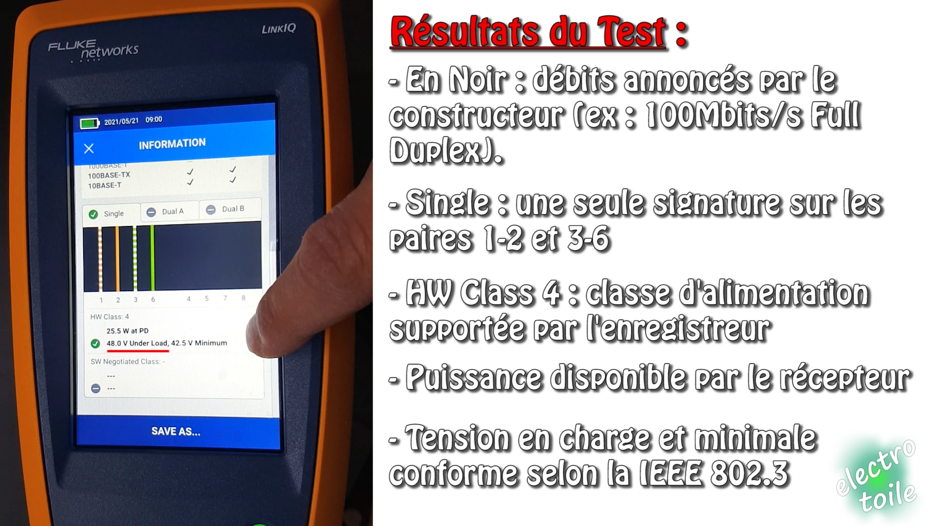 Résultat d'un test sur une alimentation par Ethernet d'un enregistreur réseau Dahua (PoE)