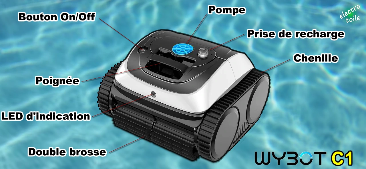 présentation externe du robot de piscine Wybot C1, quels sont les éléments en façade du robot sans fil