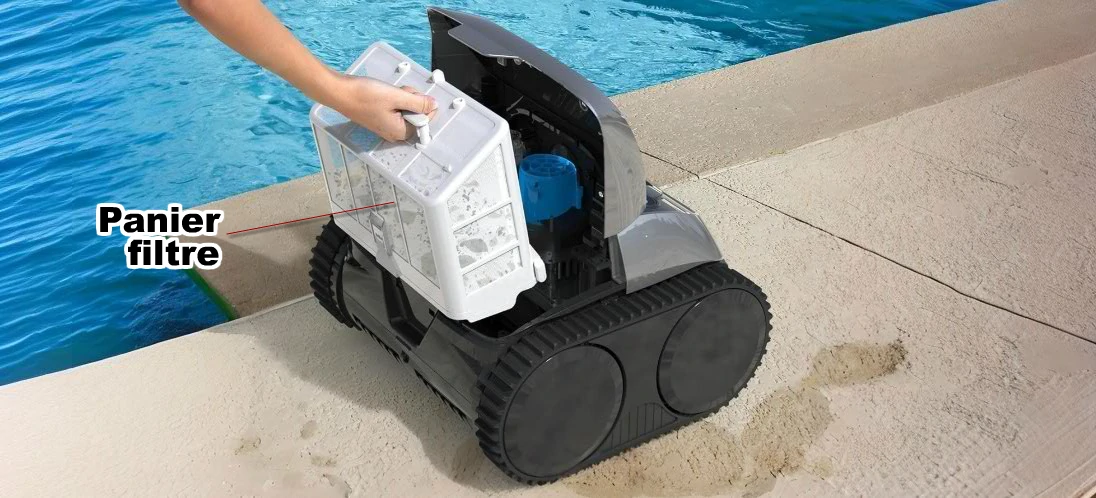vue interne du robot de piscine Wybot C1, avec le panier filtre